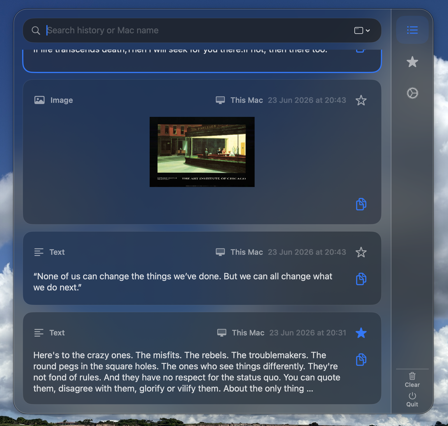 Lista de itens do clipboard com prévia de texto, imagem e opção de favoritar